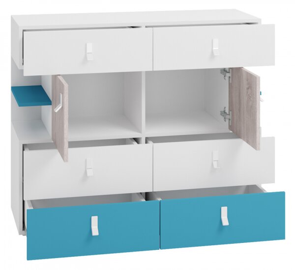 Komoda Legimi LG08, Barva: bílý / dub + modrý 5903211039768