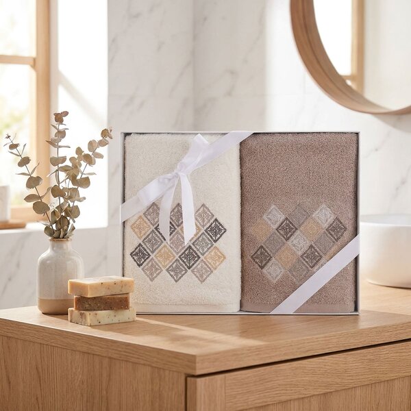 Praktik dárkový set froté ručníků SANY 05, geometrický vzor, bílo-béžová, 2x 50x90cm