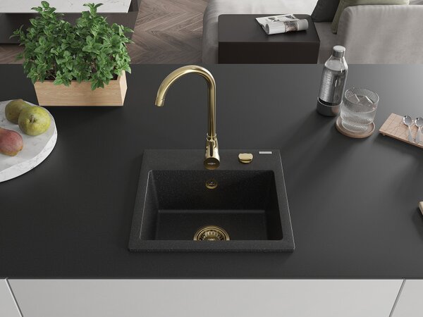 Mexen Milo, granitový dřez 435x410x171 mm, 1-komorový, černá-stříbrná metalíza se zlatým sifonem, 6505441000-73-G