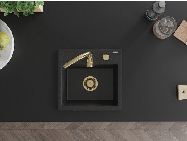 Mexen Milo, granitový dřez 435x410x171 mm, 1-komorový, černá-stříbrná metalíza se zlatým sifonem, 6505441000-73-G