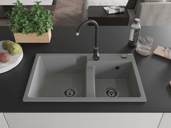 Mexen Tomas, granitový dřez 800x500x190 mm, 2-komorový, šedá s černým sifonem, 6516802000-71-B