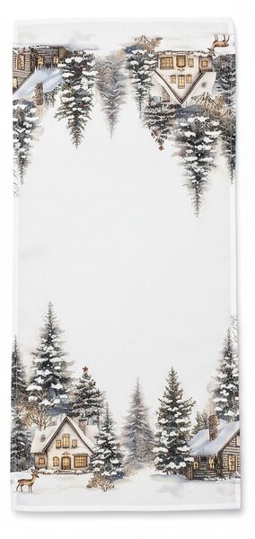 Forbyt kuchyňský ubrus vánoční CYH6059R, zasněžené chaloupky, bílo-zelená 40x90cm (obdélník)