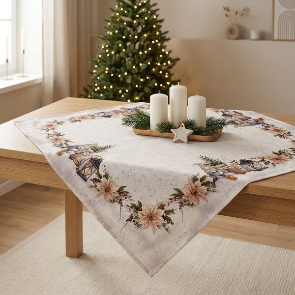 Forbyt kuchyňský ubrus vánoční CYH6060C, skřítek s lucernou, béžová 85x85cm (čtverec)