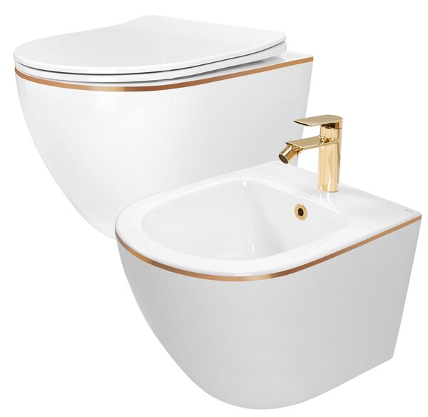 Rea Carlo Mini Gold Edge, závěsná WC mísa 490x370 mm + bidet 495x370 mm, bílá se zlatým okrajem, KPL-C1222