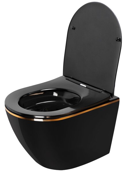 Závěsná WC mísa REA CARLO Mini Rimless Duroplast Flat - černá-zlatý okraj