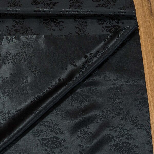Podšívka polyesterová RASO POLY JACQUARD, černá s květinovým vzorem, š.140cm (látka v metráži)