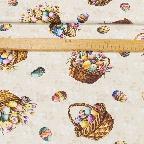 Směsové plátno 513032/6170 VELIKONOCE, košíky s kraslicemi na béžové, š.140cm (látka v metráži)