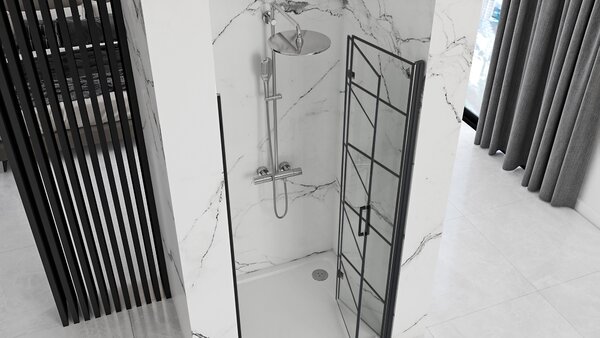 Jednokřídlé sprchové dveře REA MOLIER 80 cm + stěnový profil s magnet. těsněním, černé/transparent - bez vaničky