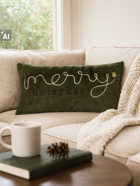 Sinsay - Dekorativní vánoční polštář s vyšívaným nápisem Merry Christmas - zelená