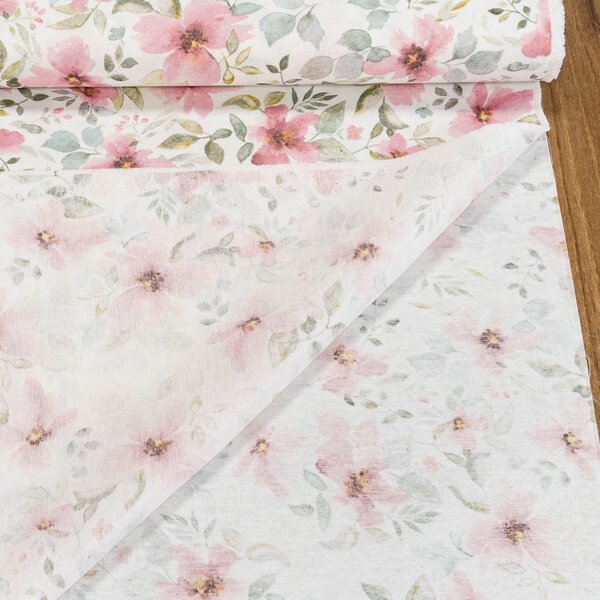 Směsové plátno DAME ROSA, růžové květy na bílé, š.140cm (látka v metráži)