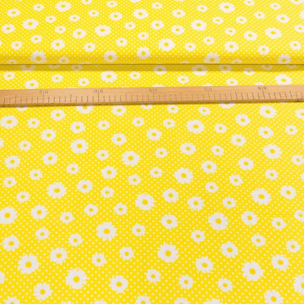 Bavlněné plátno MATY 1620306/02 kopretiny a tečky na žluté, š.140cm (látka v metráži)