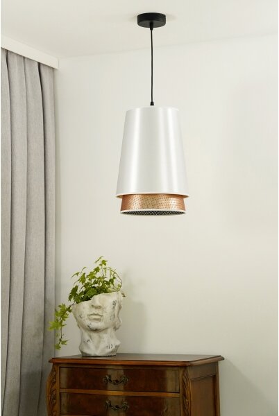 Duolla - Lustr na lanku BELL SHINY 1xE27/15W/230V pr. 25 cm bílá/měděná