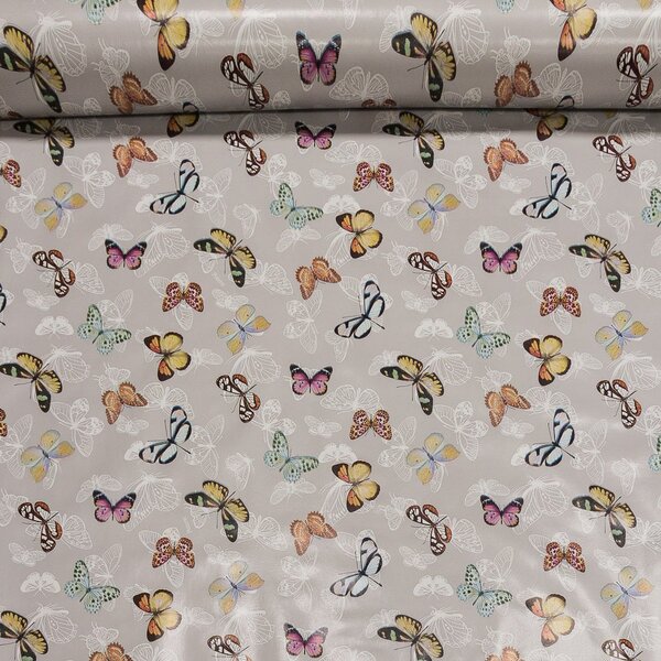 Kubík ubrus PVC s textilním podkladem 607-1, barevní motýli, šedá, š.140cm (metráž)