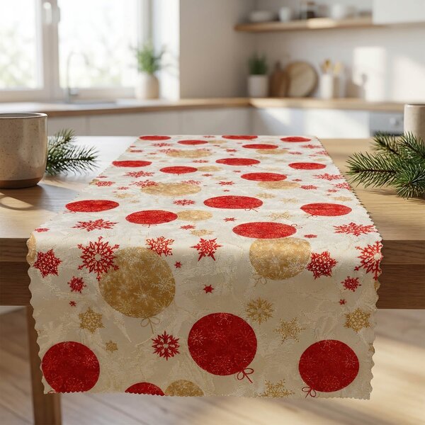 Ubrusovina vánoční / štola teflonová úprava, BAŇKY, červeno-zlatá, š.38cm (metráž)
