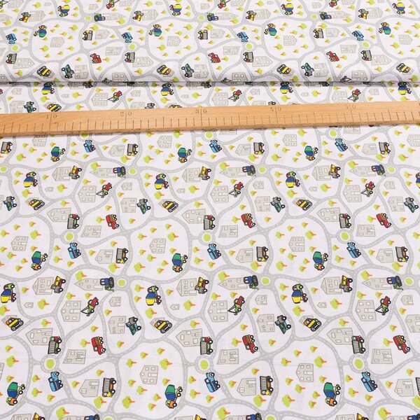 Bavlněné plátno dětské 303000/DO855, cesty a auta na bílé, š.140cm (látka v metráži)