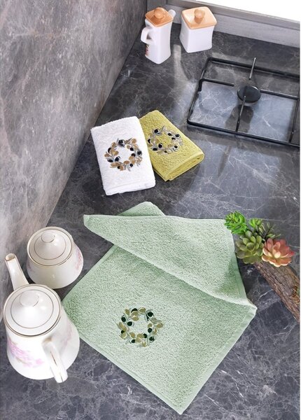 BedTex dárkový set froté ručníků OLIVOVÝ VĚNEČEK, zelený s výšivkou, 30x50cm, 3ks