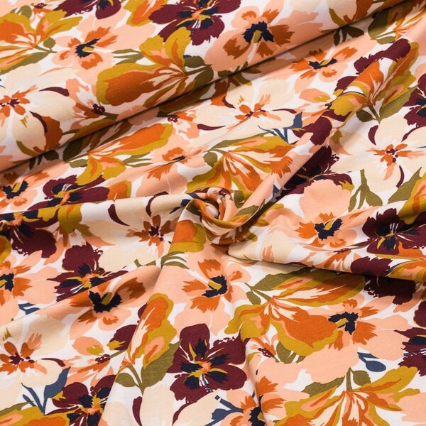 Směsový úplet 09906-001 oranžové a béžové květy, š.150cm (látka v metráži)
