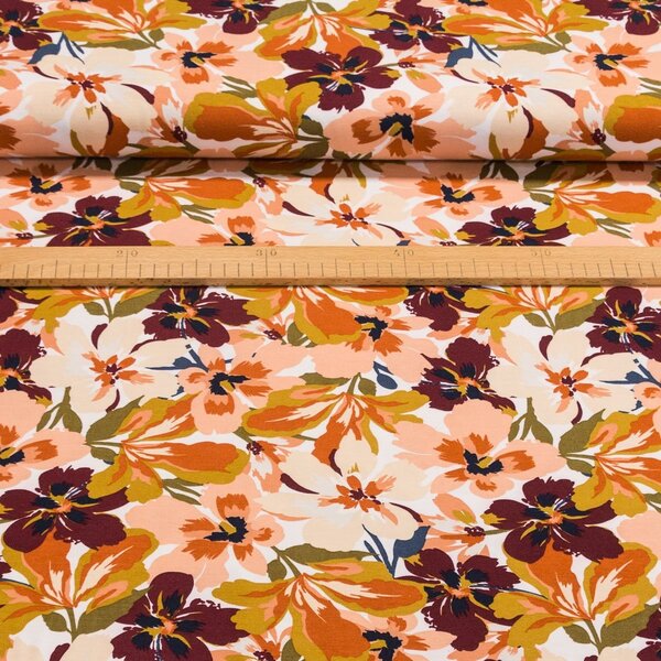 Směsový úplet 09906-001 oranžové a béžové květy, š.150cm (látka v metráži)