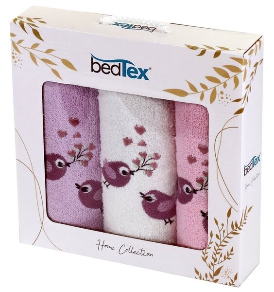 BedTex dárkový set froté ručníků PTÁČCI, růžový s výšivkou, 30x50cm, 3ks
