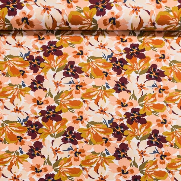 Směsový úplet 09906-001 oranžové a béžové květy, š.150cm (látka v metráži)