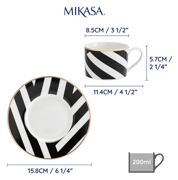 Čajové šálky s podšálky Mikasa Luxe Deco 200 ml, 2 ks, porcelán se zlatým lemem MKLDGEOCUPPK2