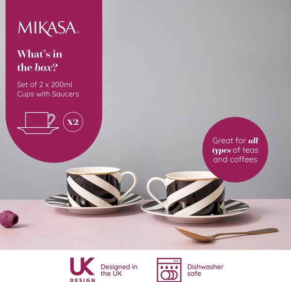 Čajové šálky s podšálky Mikasa Luxe Deco 200 ml, 2 ks, porcelán se zlatým lemem MKLDGEOCUPPK2