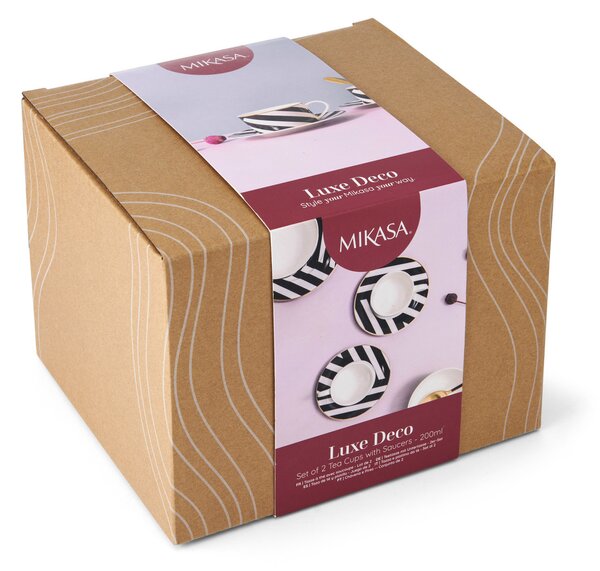 Čajové šálky s podšálky Mikasa Luxe Deco 200 ml, 2 ks, porcelán se zlatým lemem MKLDGEOCUPPK2