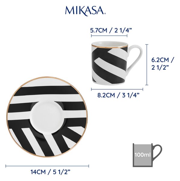 Espresso šálky s podšálky Mikasa Luxe Deco 100 ml, 2 ks, porcelán se zlatým lemem MKLDGEOESPPK2