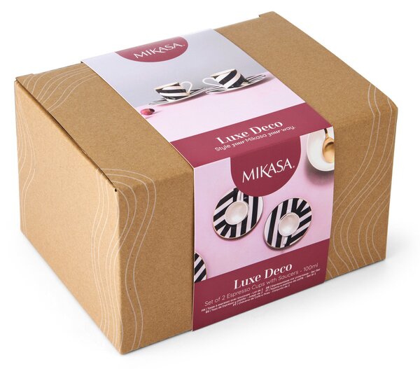 Espresso šálky s podšálky Mikasa Luxe Deco 100 ml, 2 ks, porcelán se zlatým lemem MKLDGEOESPPK2