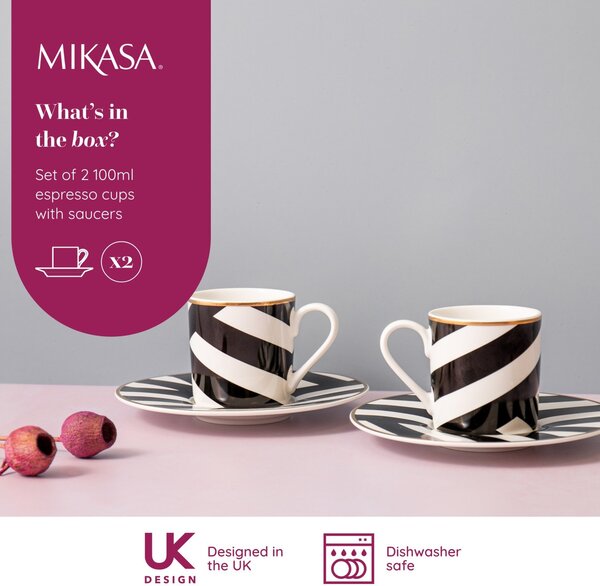 Espresso šálky s podšálky Mikasa Luxe Deco 100 ml, 2 ks, porcelán se zlatým lemem MKLDGEOESPPK2