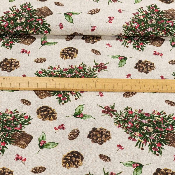 Směsové plátno vánoční 513030 UNICO ESTELIA, vánoční stromeček a šišky na režné, š.140cm (látka v metráži)