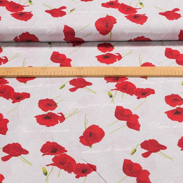 Bavlněné plátno 15540 POPPY ORIGINAL červené máky na šedé, š.140cm (látka v metráži)