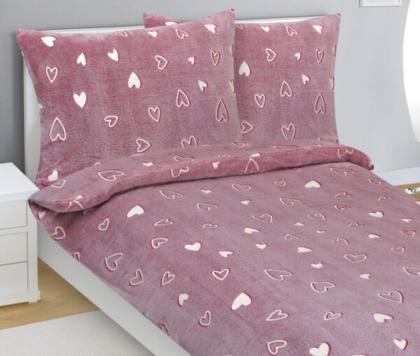 Bellatex Povlečení MIKROFLANEL 140x200, 70x90 cm Srdce Růžová,Bílá