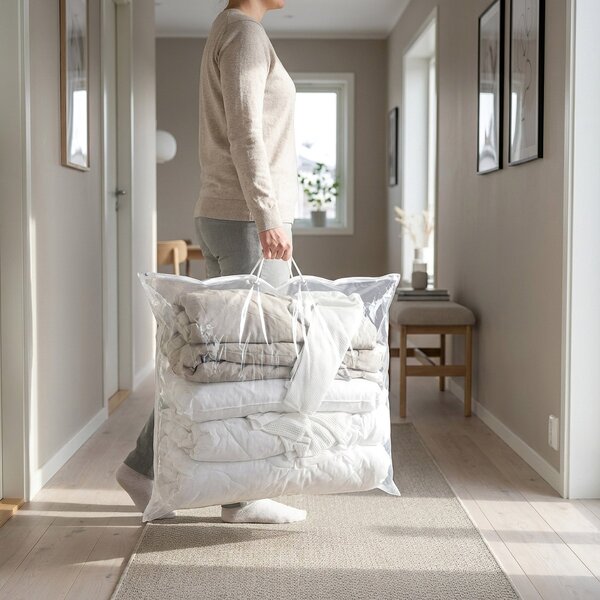 Bellatex Úložný obal na lůžkoviny a deky 70×50 cm – taška se zipem a textilním uchem, průhledný, bílý lem