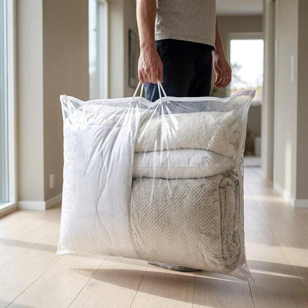 Bellatex Úložný obal na lůžkoviny a deky 90×70 cm – taška se zipem a textilním uchem, průhledný, bílý lem