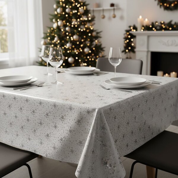 Fantastik ubrus PVC s textilním podkladem vánoční 226/2 stříbrné hvězdy na bílé, š.140cm (metráž), š.140cm (metráž)