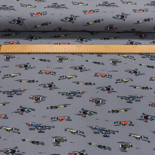 Bavlněný úplet dětský TEPLÁKOVINA 7758-004, formule na šedé, počesaná, š.150cm (látka v metráži)
