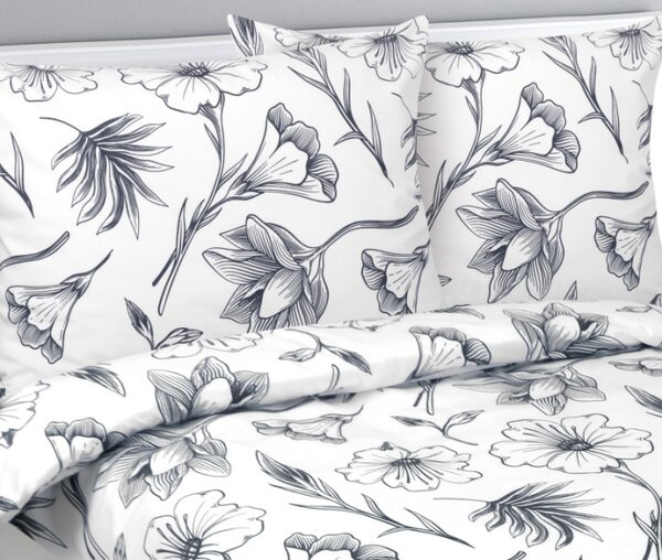 Bellatex Povlečení flanelové Ibišek Bílá,Šedá 140x200, 70x90 cm