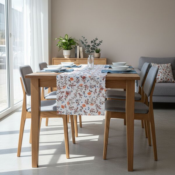 Ubrusovina / štola teflonová úprava, SALY, modré, vínové a oranžové květiny, š.38cm (metráž)
