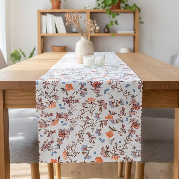 Ubrusovina / štola teflonová úprava, SALY, modré, vínové a oranžové květiny, š.38cm (metráž)