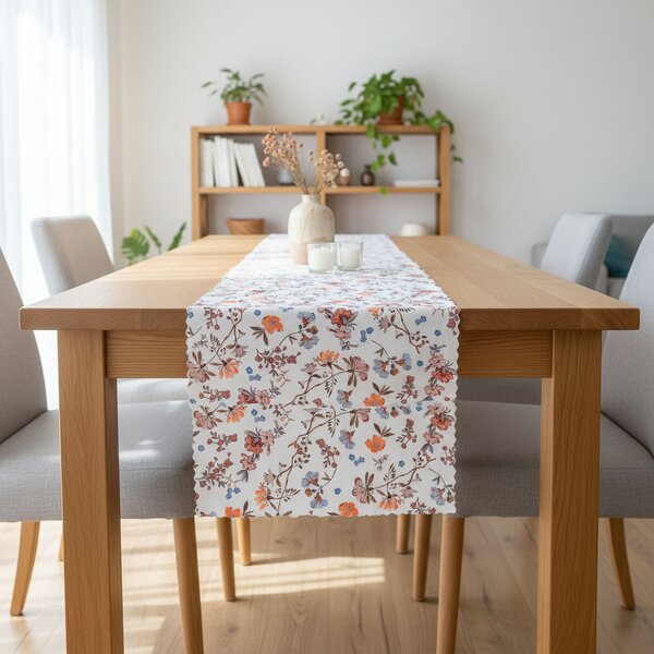 Ubrusovina / štola teflonová úprava, SALY, modré, vínové a oranžové květiny, š.38cm (metráž)