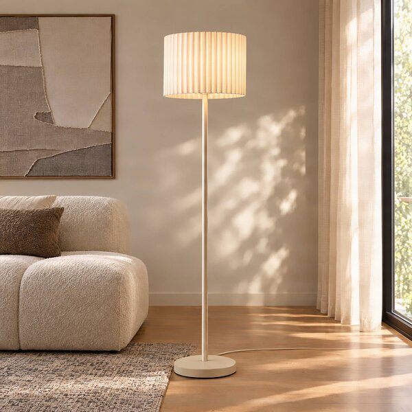 Lindby Stojací lampa Libbie, béžová, výška 150 cm, plátno, E27, Krémová / jantar, Obývací pokoj / jídelna, Textil / tkanina / hedvábí, Skandinávský