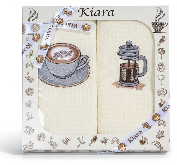 Utěrky KIARA 166 vaflové vyšívané, dárkové balení, káva a French press na smetanové, 2 kusy 50x70cm