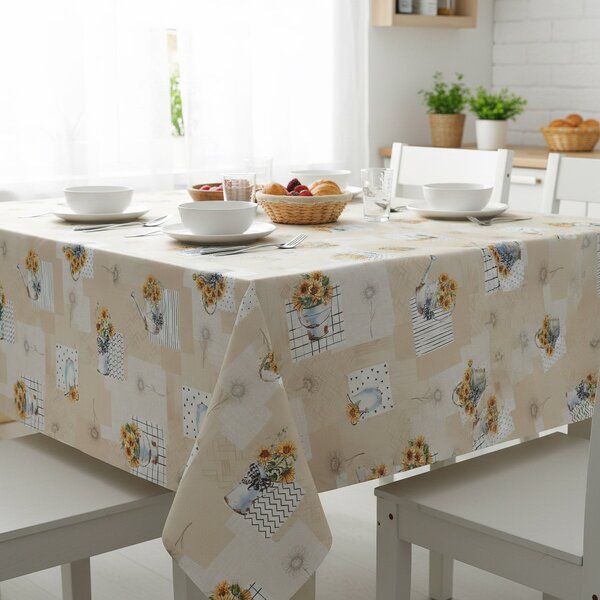 Ubrus PVC s textilním podkladem 1247-1, slunečnice v konvičce, béžová, š.140cm (metráž)