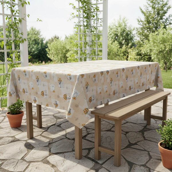 Ubrus PVC s textilním podkladem 1247-1, slunečnice v konvičce, béžová, š.140cm (metráž)
