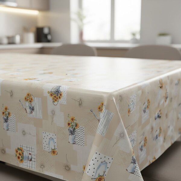 Ubrus PVC s textilním podkladem 1247-1, slunečnice v konvičce, béžová, š.140cm (metráž)