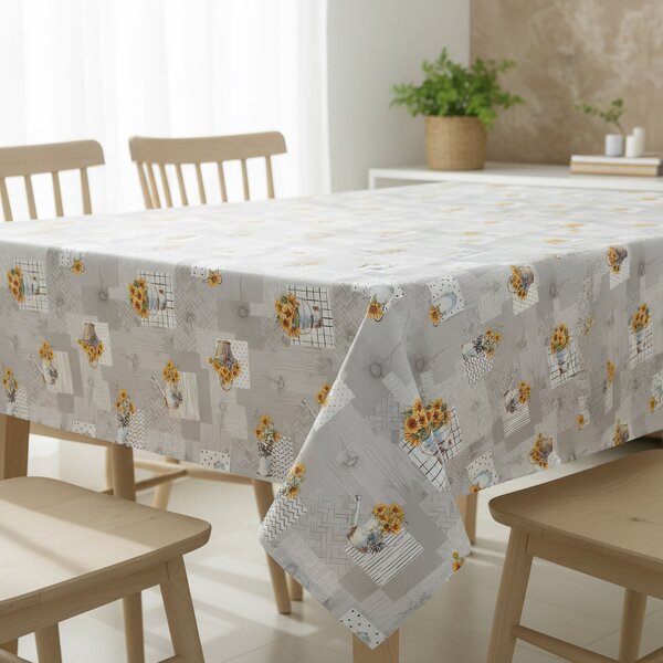 Ubrus PVC s textilním podkladem 1247-2, slunečnice v konvičce, šedá, š.140cm (metráž)