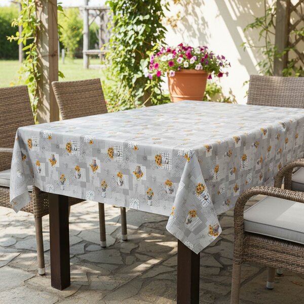 Ubrus PVC s textilním podkladem 1247-2, slunečnice v konvičce, šedá, š.140cm (metráž)