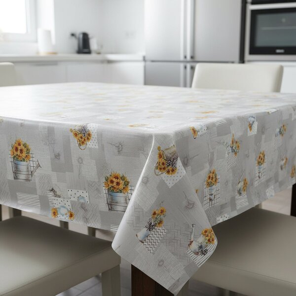 Ubrus PVC s textilním podkladem 1247-2, slunečnice v konvičce, šedá, š.140cm (metráž)