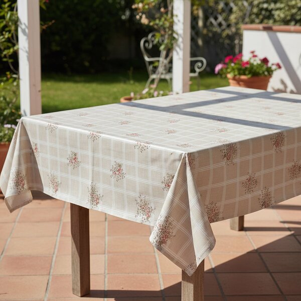 Ubrus PVC s textilním podkladem C47-1, provencálská kostka s květinami, béžová, š.140cm (metráž)